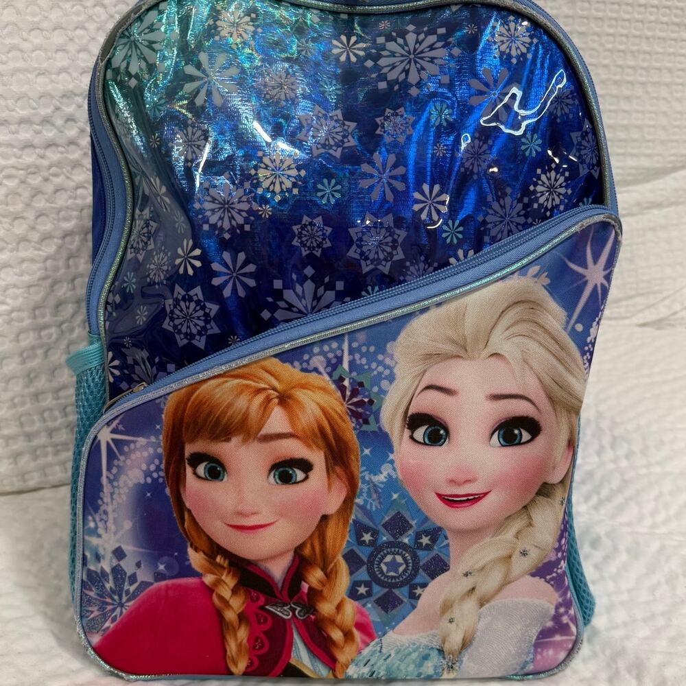 Frozen Anna Elsa Backpack 16in Disney Blue Holographic Snowflakes Iridescent Bag